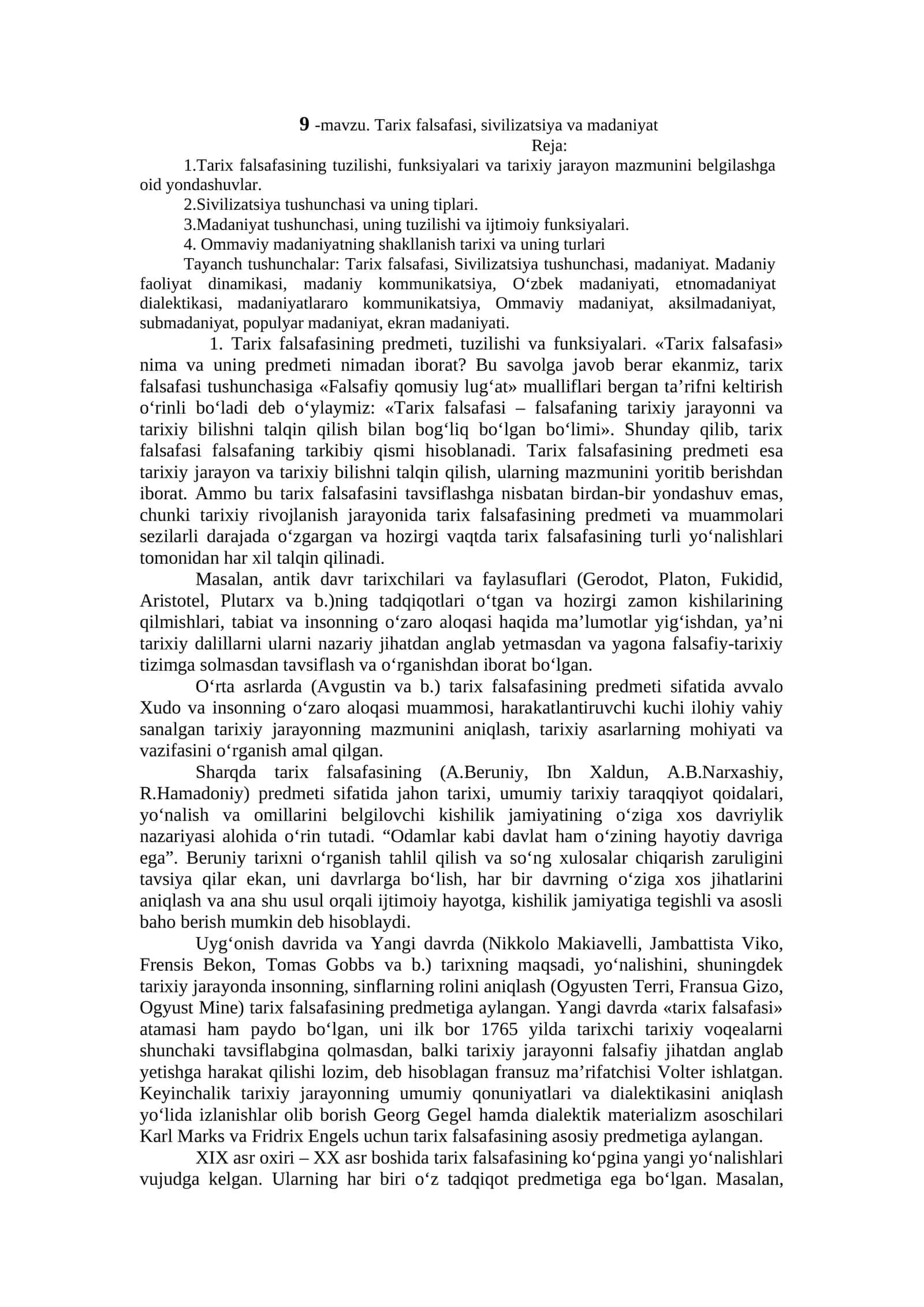 Tarix falsafasi, sivilizatsiya va madaniyat 1