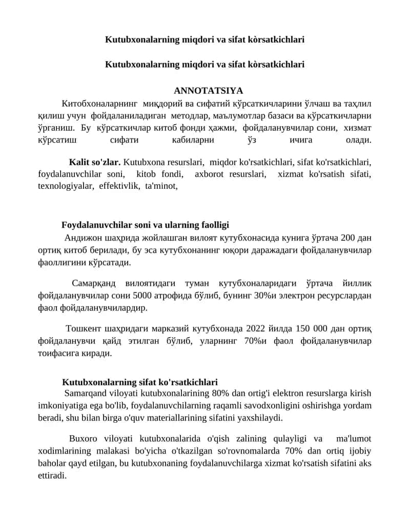 Kutubxonalarning miqdori va sifat kòrsatkichlari 1