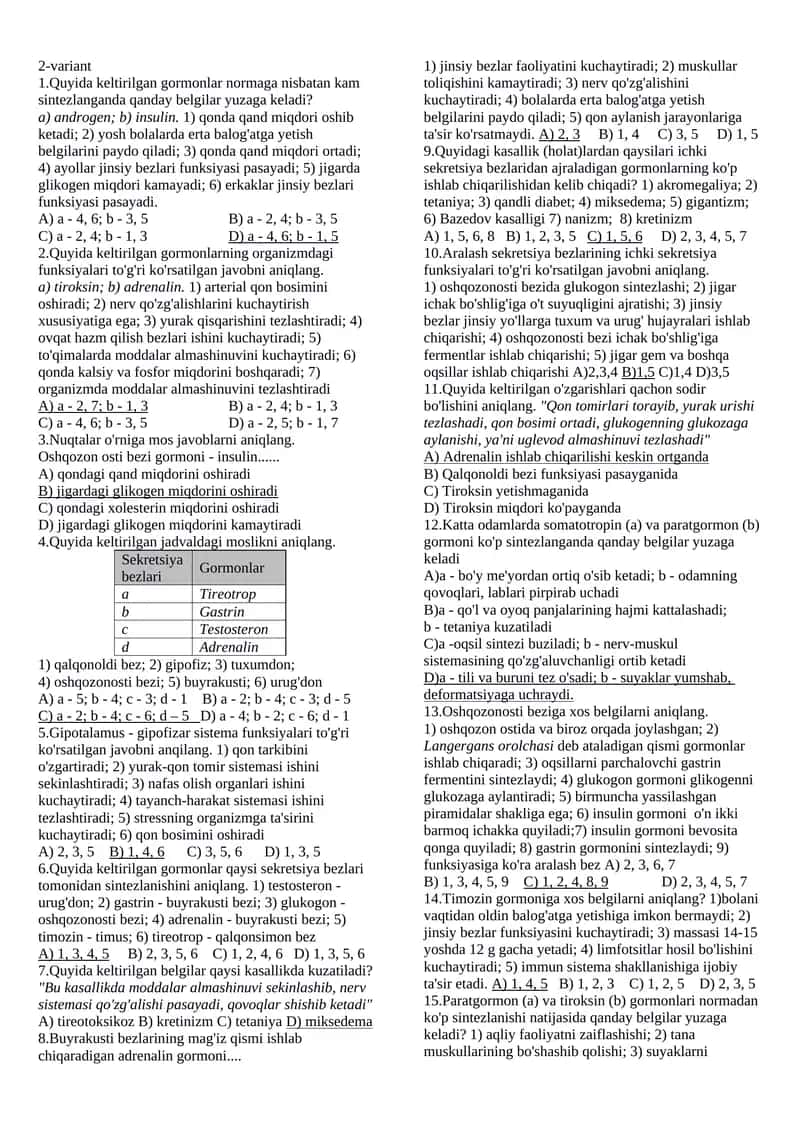 ichki sekretsiya bezlari test 2 qism 1