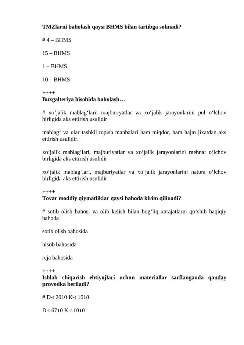 Buxalteriya fanidan yakuniy bosqichiga tushadigan savollar.