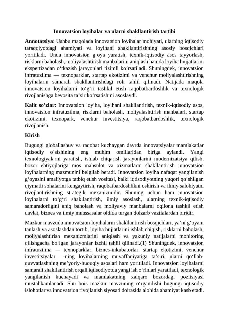 Innovatsion loyihalar va ularni shakllantirish tartibi 1