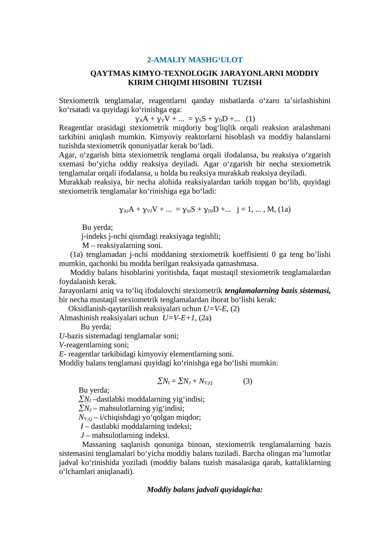 QAYTMAS KIMYO-TЕXNOLOGIK JАRАYONLАRNI MODDIY KIRIM CHIQIMI HISOBINI TUZISH 1