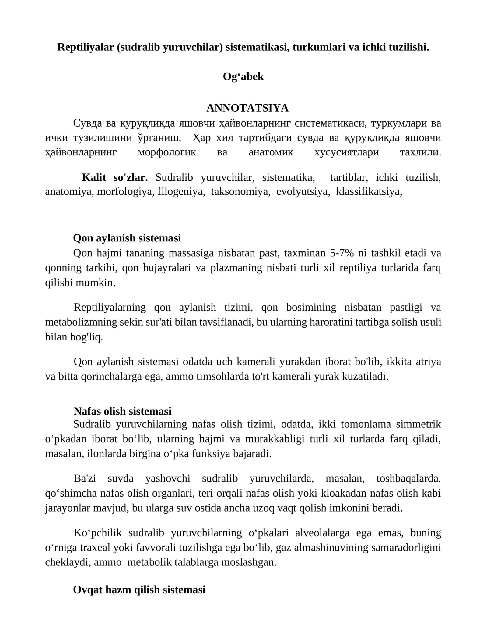 Reptiliyalar (sudralib yuruvchilar) sistematikasi, turkumlari va ichki tuzilishi 1