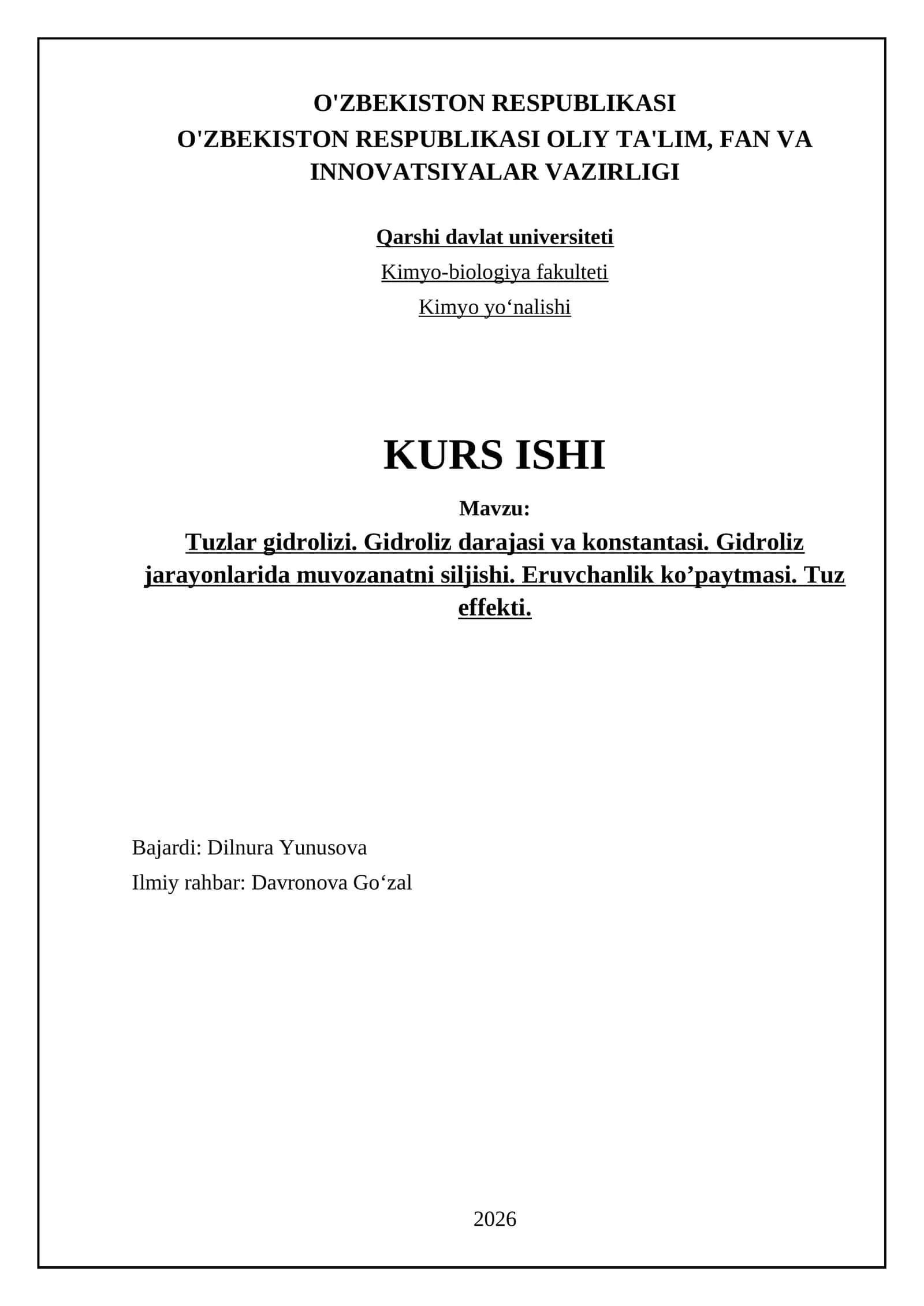 Tuzlar gidrolizi. Gidroliz darajasi va konstantasi. Gidroliz jarayonlarida muvozanatni siljishi. Eruvchanlik ko’paytmasi. Tuz effekti 1