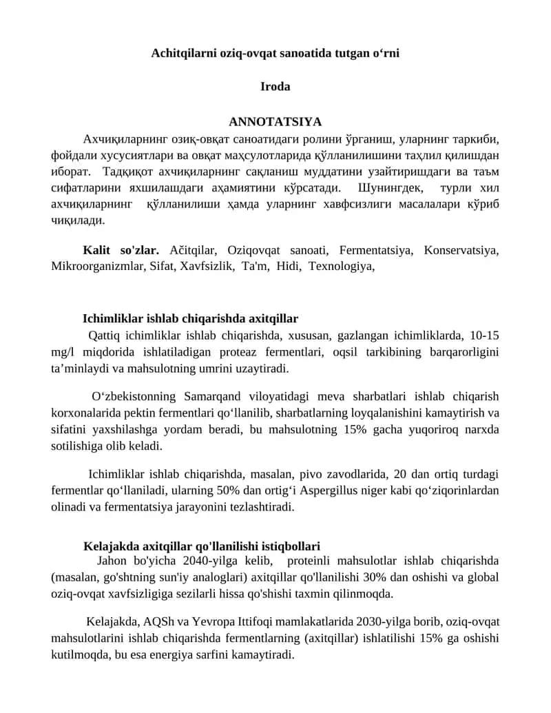 Achitqilarni oziq-ovqat sanoatida tutgan oʻrni 1