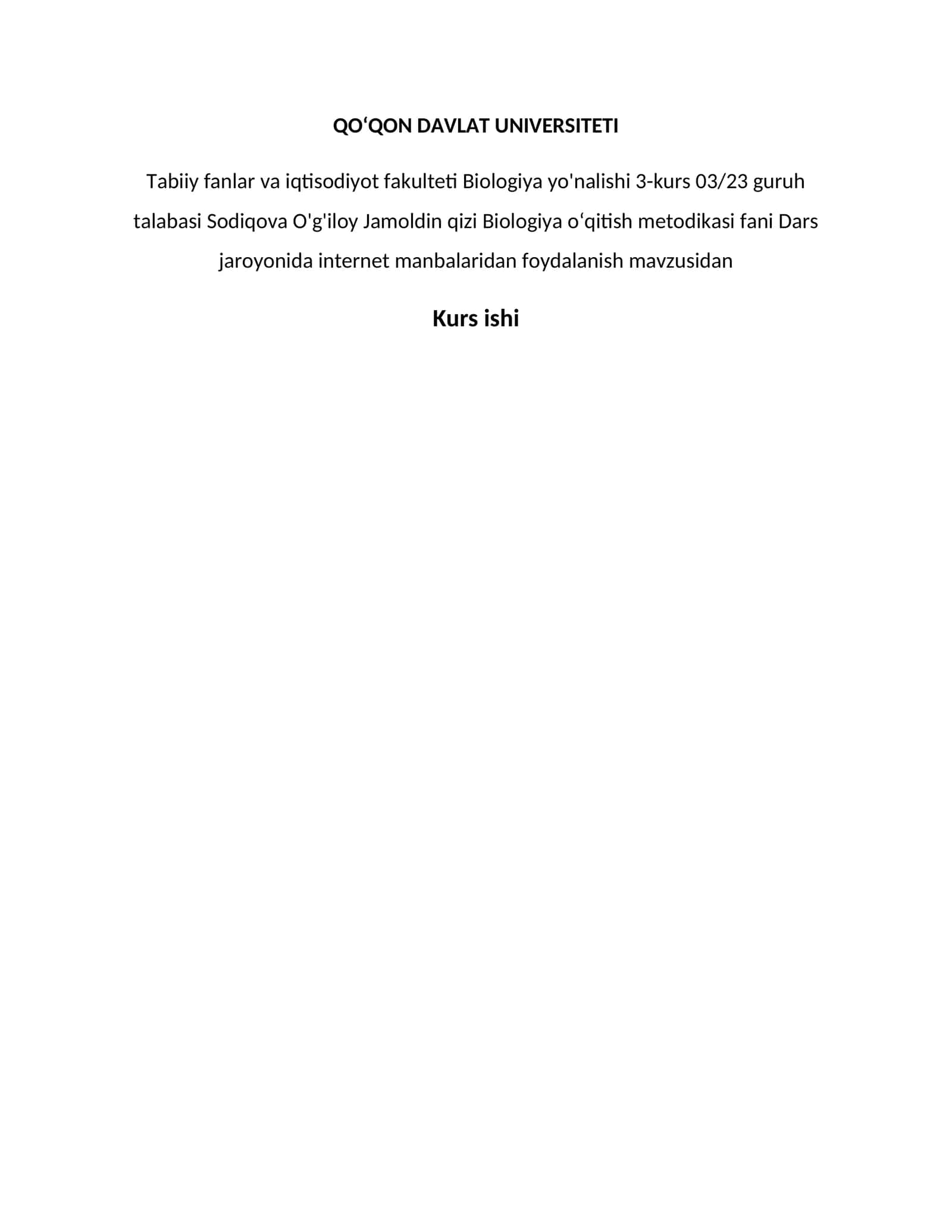Biologiya oʻqitish metodikasi fani Kurs ishi 1
