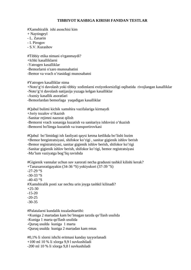TIBBIYOT KASBIGA KIRISH FANIDAN TESTLAR 1