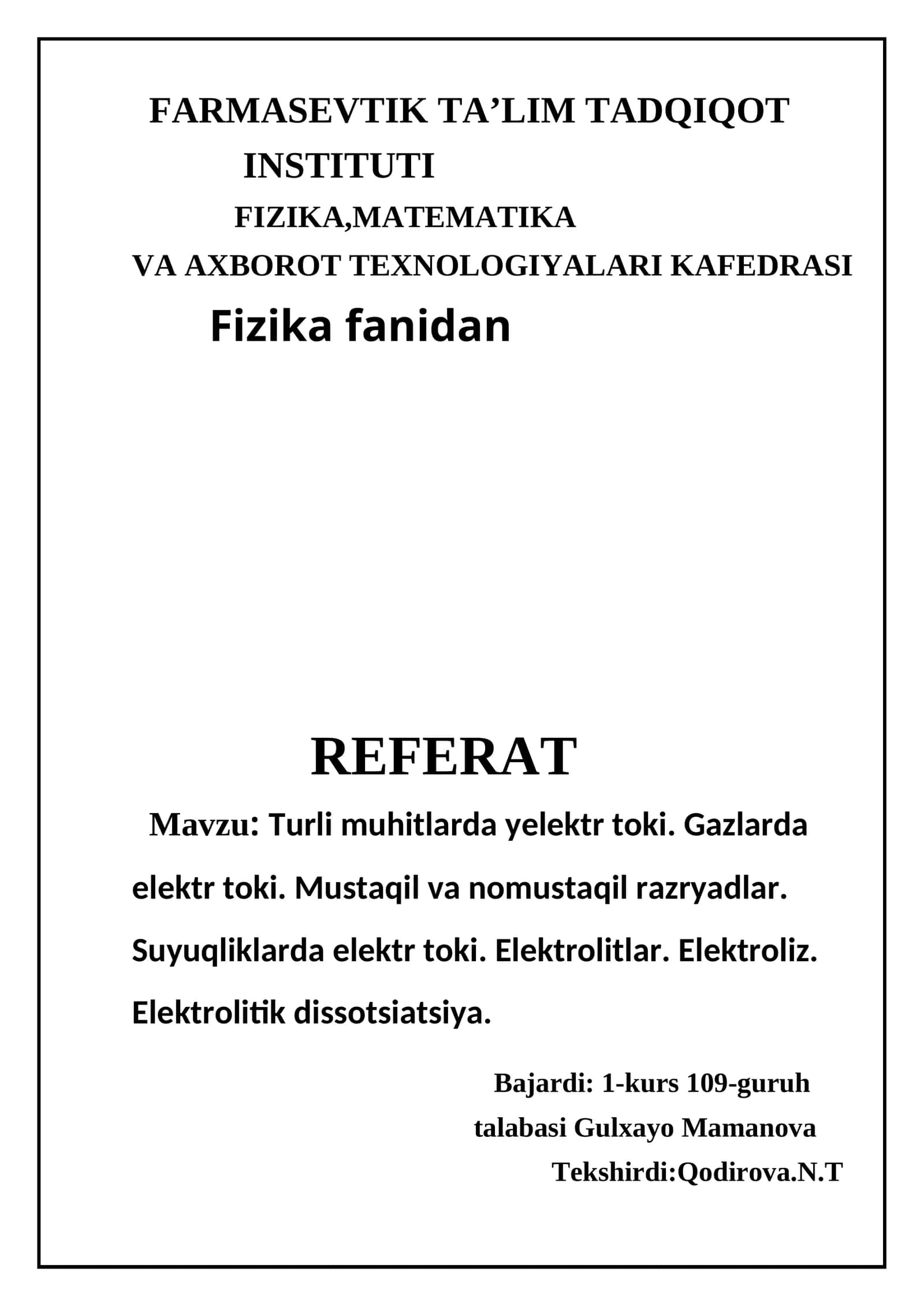 Turli muhitlarda yelektr toki. Gazlarda elektr toki 1
