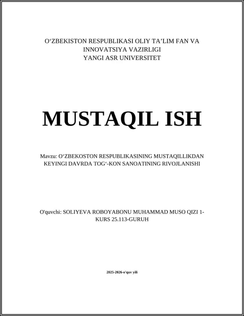 OʻZBEKOSTON RESPUBLIKASINING MUSTAQILLIKDAN KEYINGI DAVRDA TOGʻ-KON SANOATINING RIVOJLANISHI 1