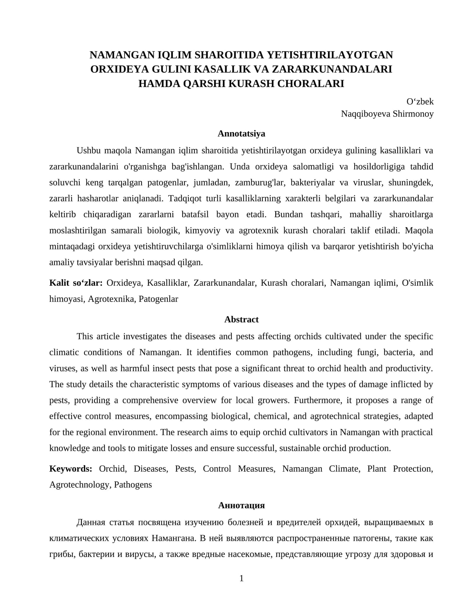 ORXIDEYA GULINI KASALLIK VA ZARARKUNANDALARI HAMDA QARSHI KURASH CHORALARI 1