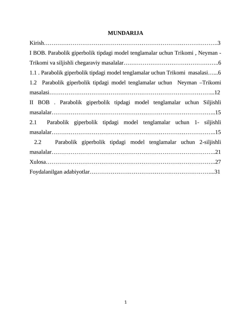 Parabolik-giperbolik tipdagi model tenglamalr uchun Trikomi, Neyman-Trikomi va siljish chegaraviy masalalar. 1