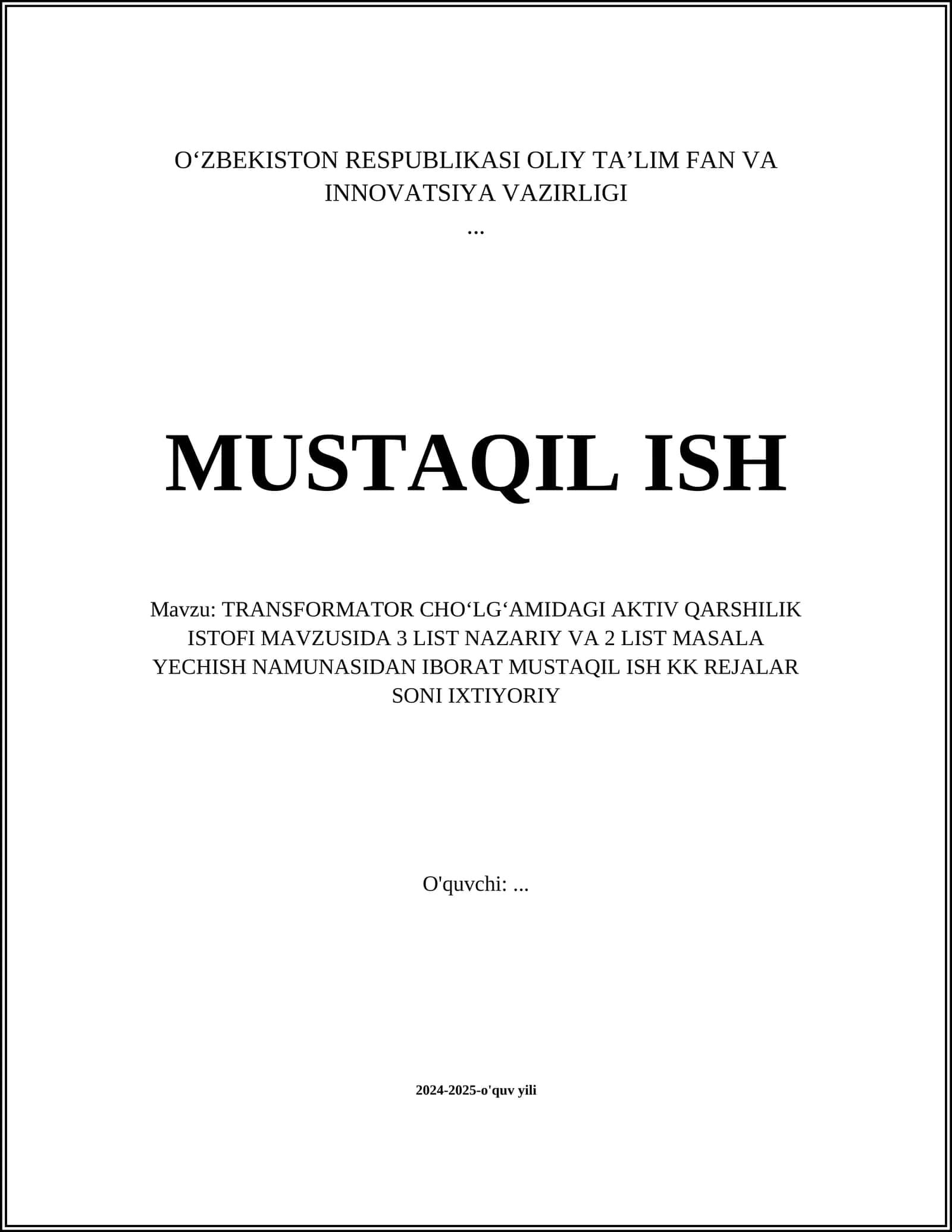 TRANSFORMATOR CHOʻLGʻAMIDAGI AKTIV QARSHILIK ISTOFI 1