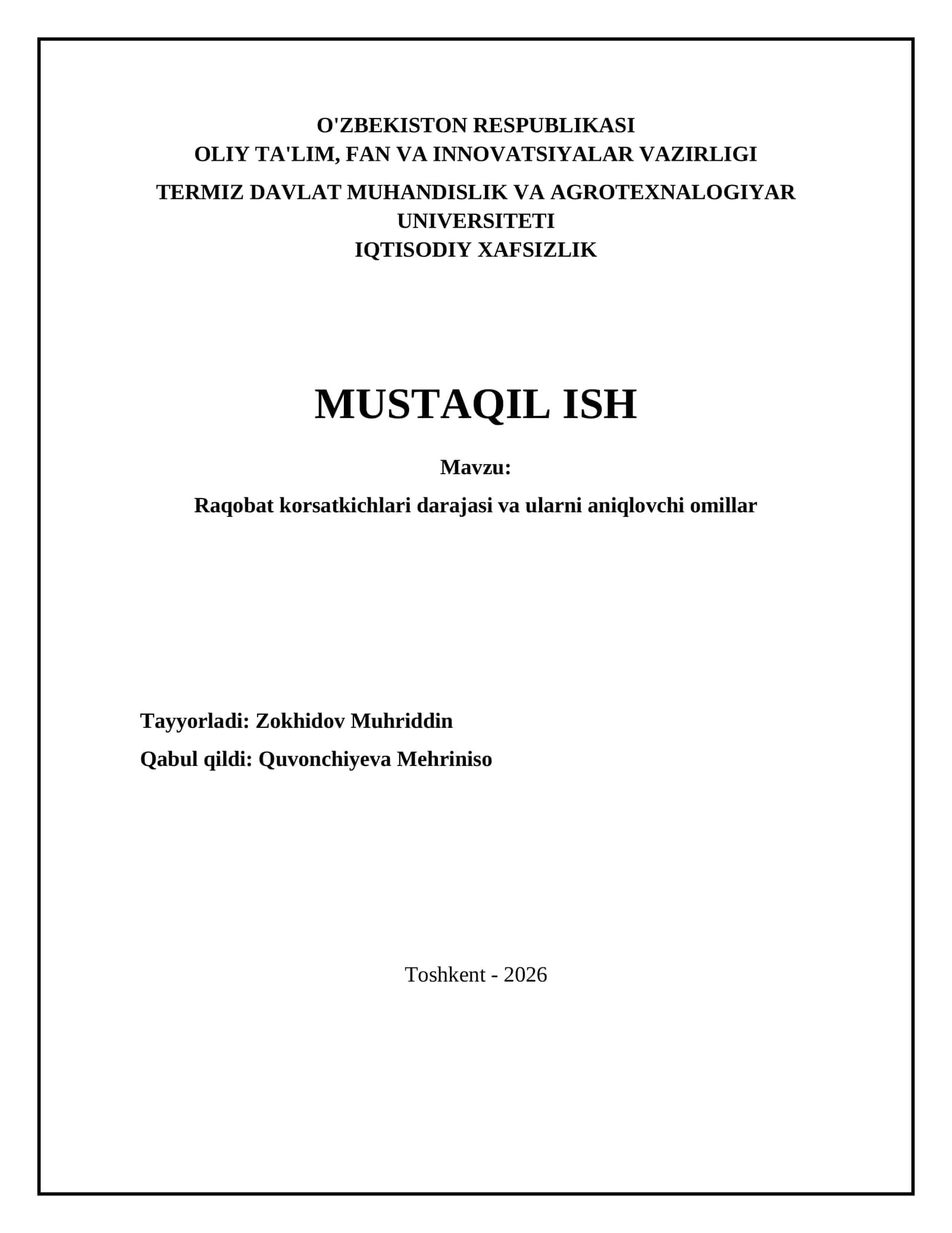 Raqobat korsatkichlari darajasi va ularni aniqlovchi omillar 1