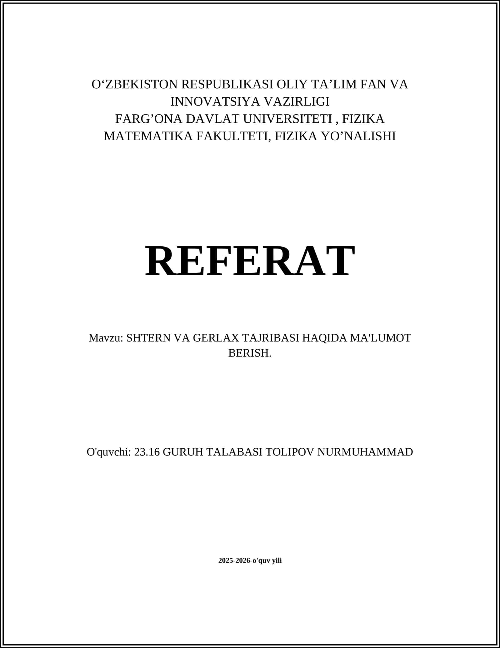 FIZIKA YO’NALISHI REFERAT 1