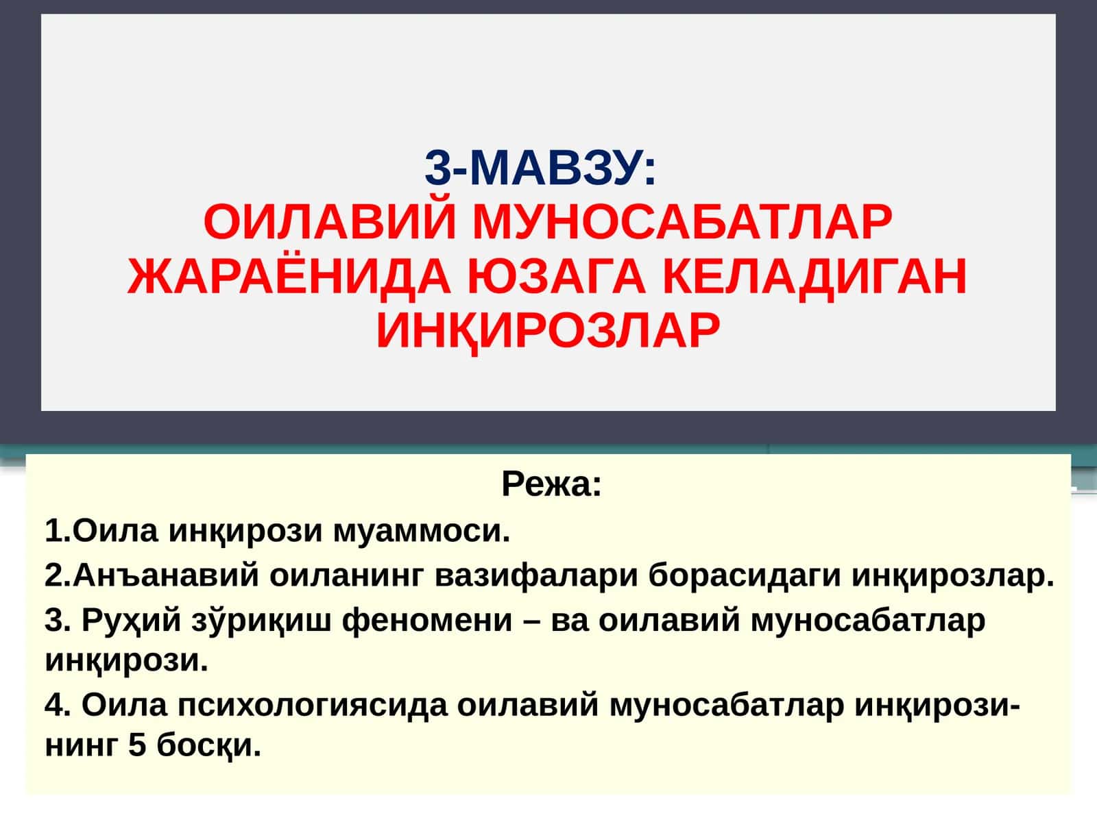 ОИЛАВИЙ МУНОСАБАТЛАР ЖАРАЁНИДА ЮЗАГА КЕЛАДИГАН ИНҚИРОЗЛАР 1