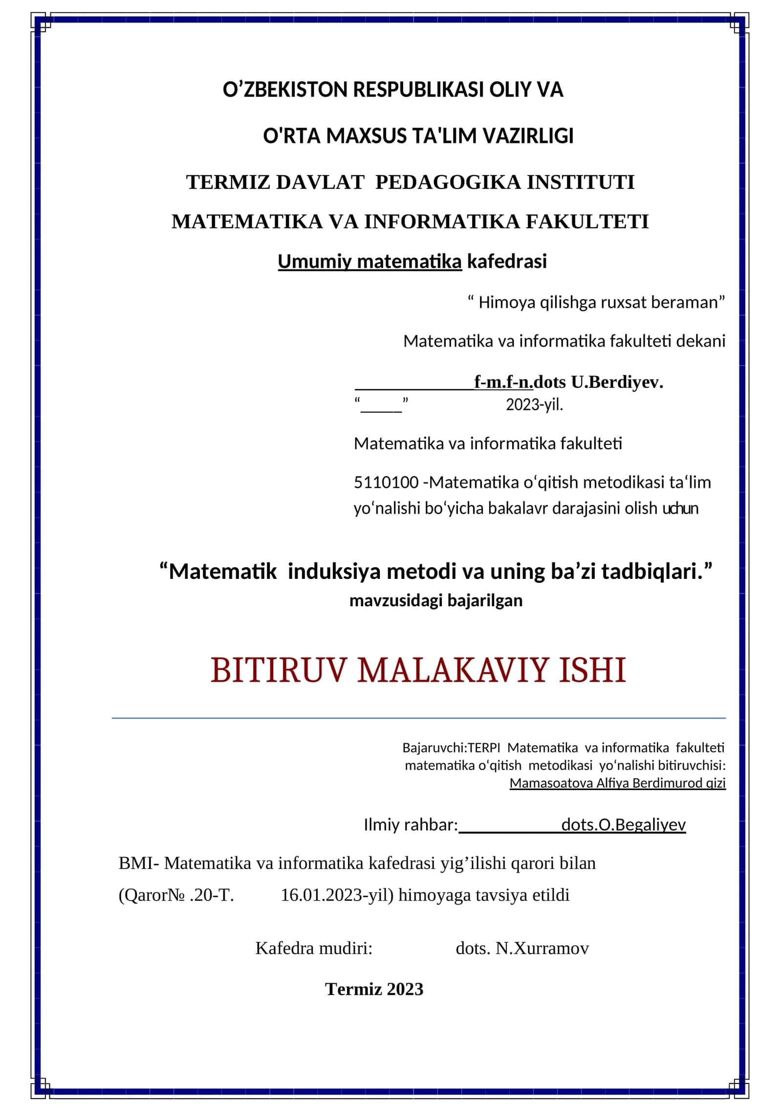 Matematik induksiya metodi va uning ba’zi tadbiqlari 1