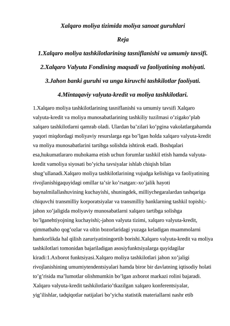 Xalqaro moliya tashkilotlarining tasniflanishi va umumiy tavsifi 1