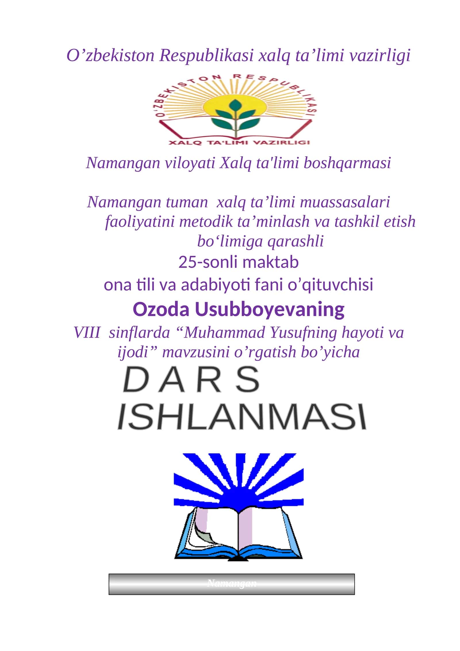 8-sinf Adabiyot fanidan Muhammad Yusuf hayoti va ijodi dars ishlanma 1
