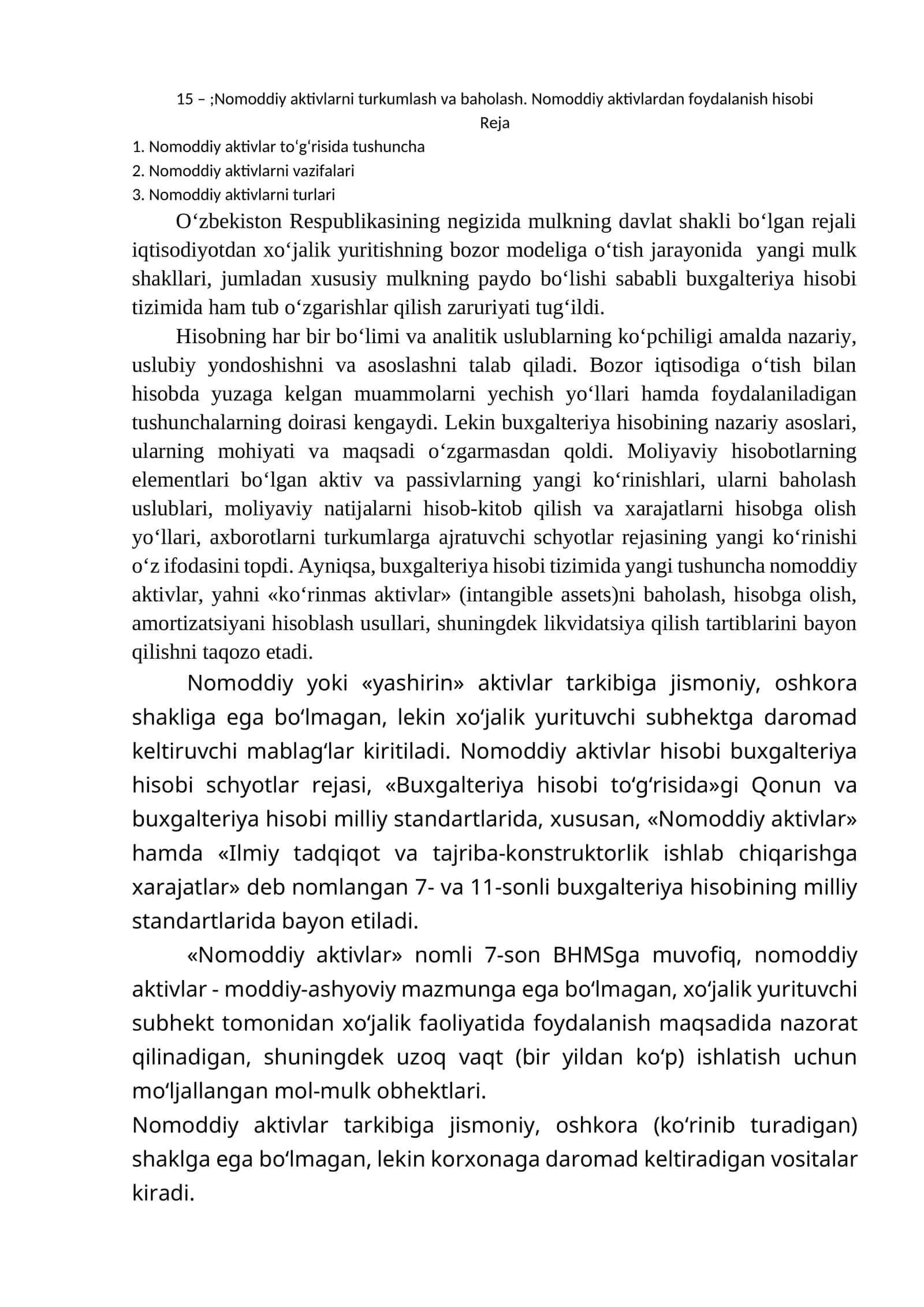 Nomoddiy aktivlarni turkumlash va baholash. Nomoddiy aktivlardan foydalanish hisobi 1