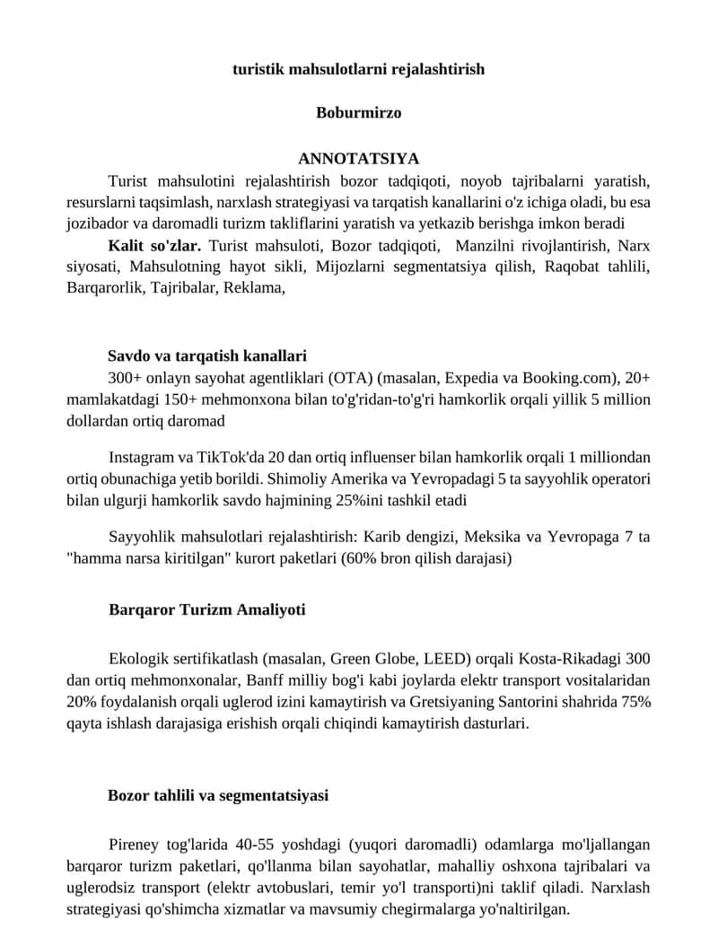 Turistik mahsulotlarni rejalashtirish 1