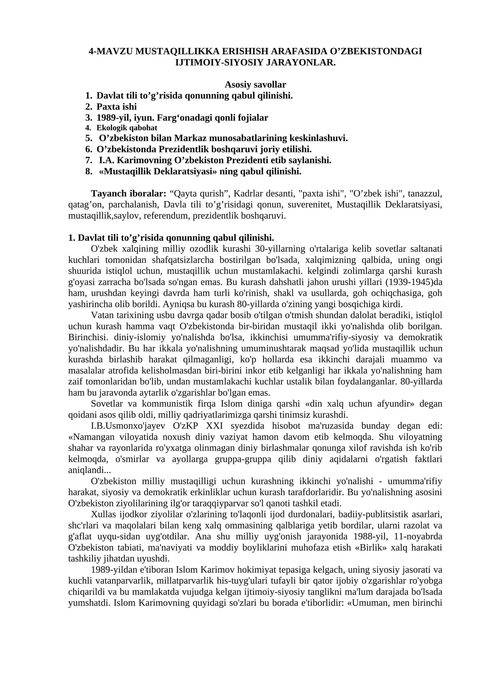 Mavzu Mustaqillikka Erishish Arafasida O’zbekistondagi Ijtimoiy-Siyosiy Jarayonlar 1