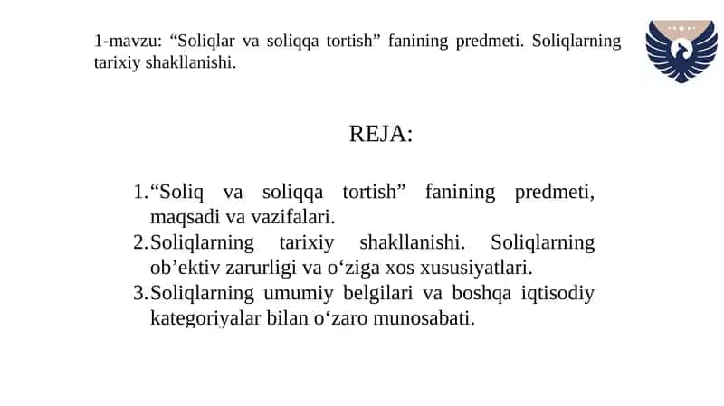 “Soliq va soliqqa tortish” fanining predmeti. Soliqlarning tarixiy shakllanishi. 2026-yil 1