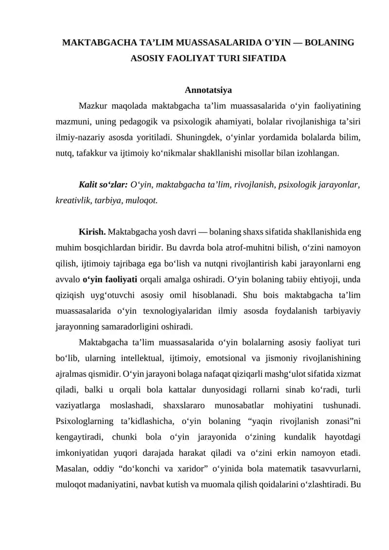 MAKTABGACHA TA’LIM MUASSASALARIDA O'YIN — BOLANING ASOSIY FAOLIYAT TURI SIFATIDA 1