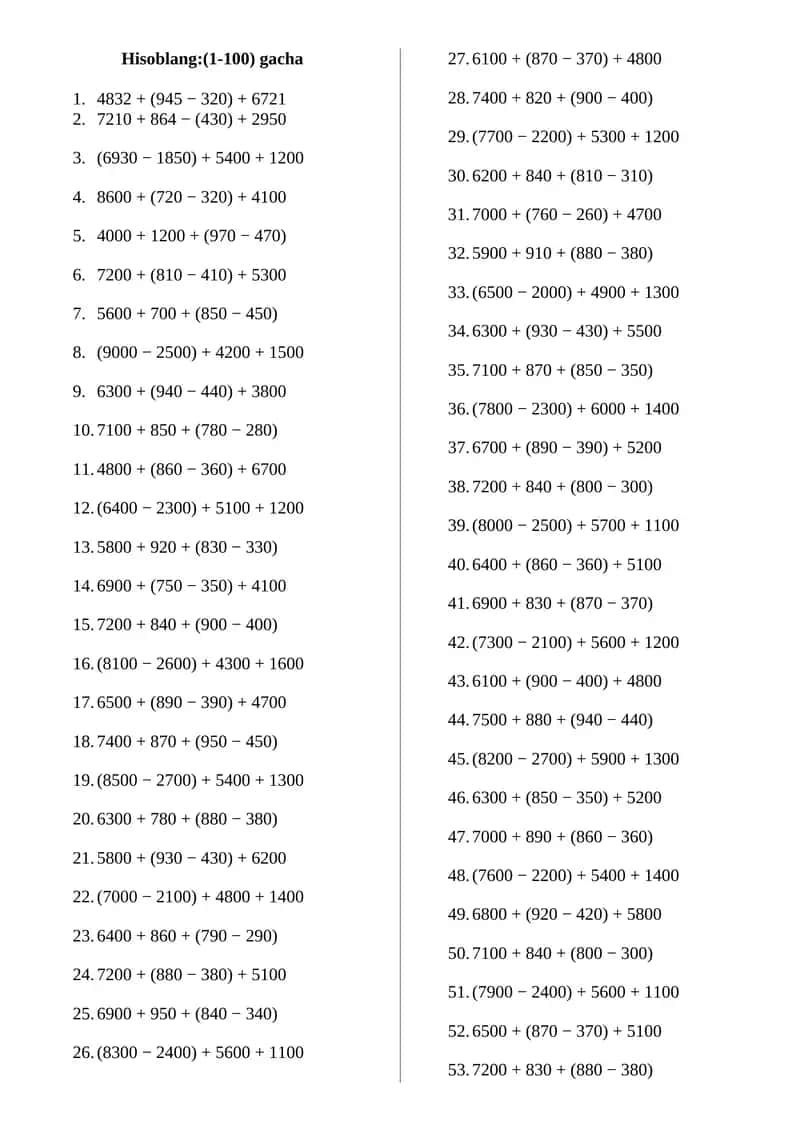 2-4 sinflar uchun misollar 200 ta misol 1