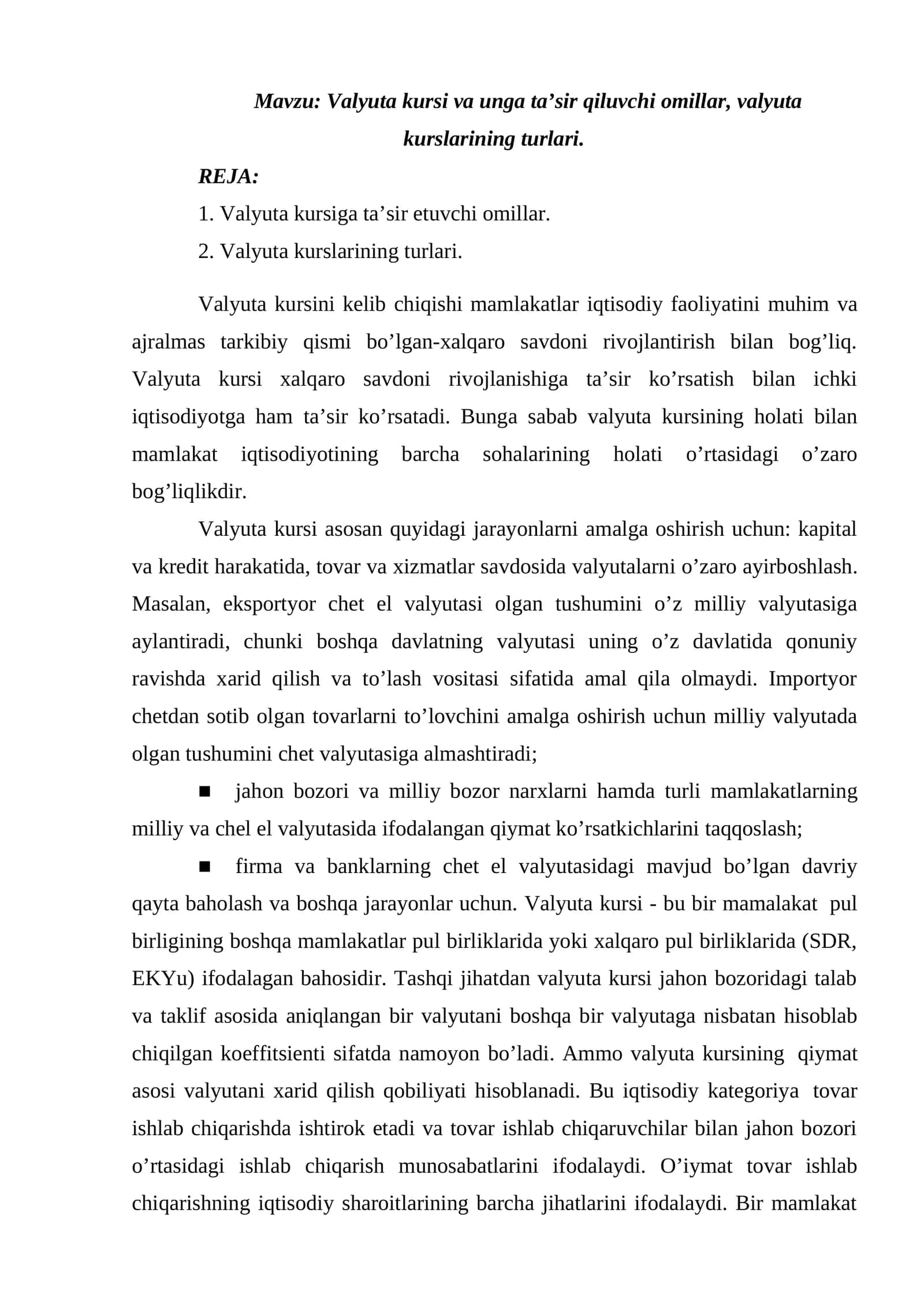 Valyuta kursi va unga ta’sir qiluvchi omillar 1