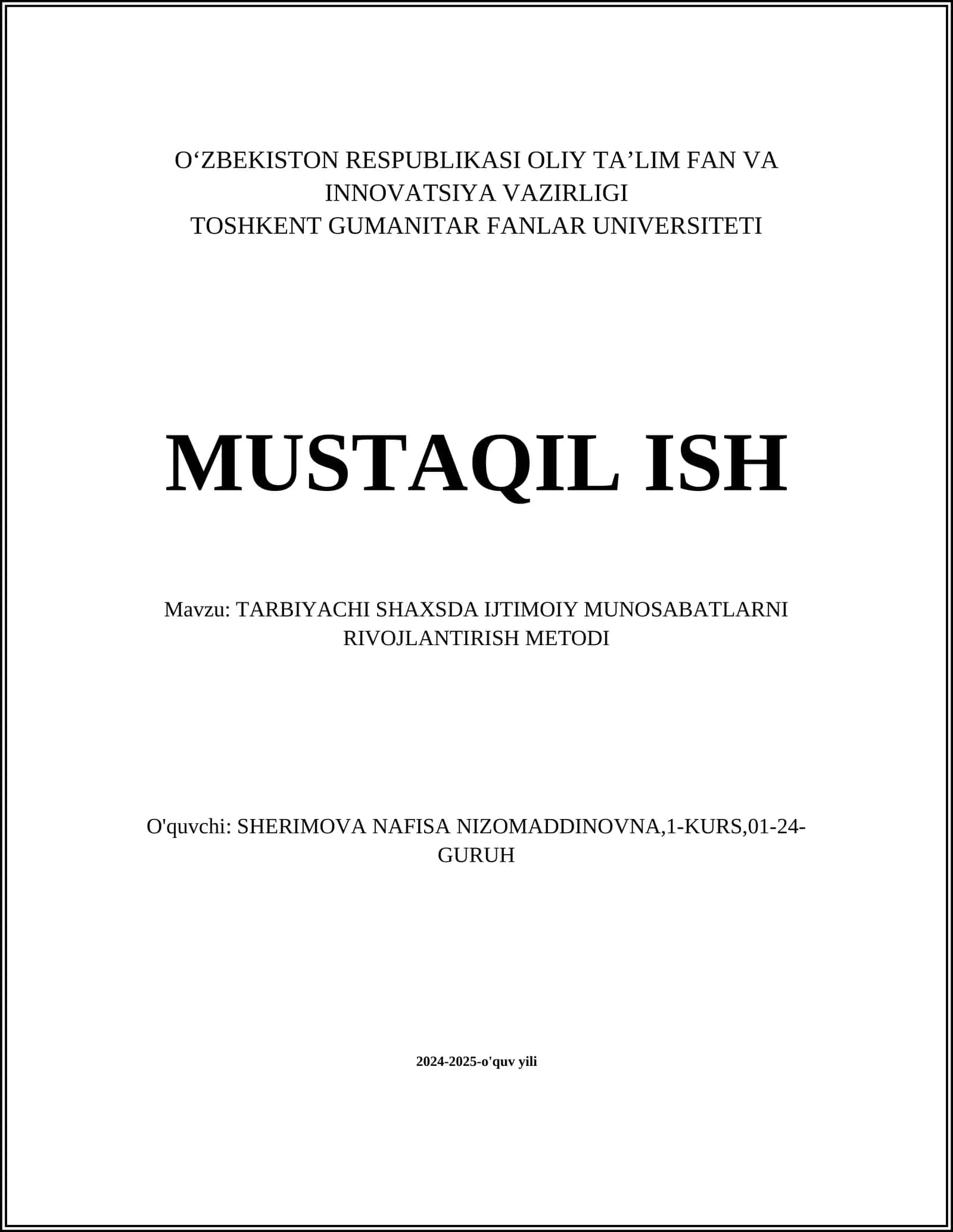 TARBIYACHI SHAXSDA IJTIMOIY MUNOSABATLARNI RIVOJLANTIRISH METODI 1