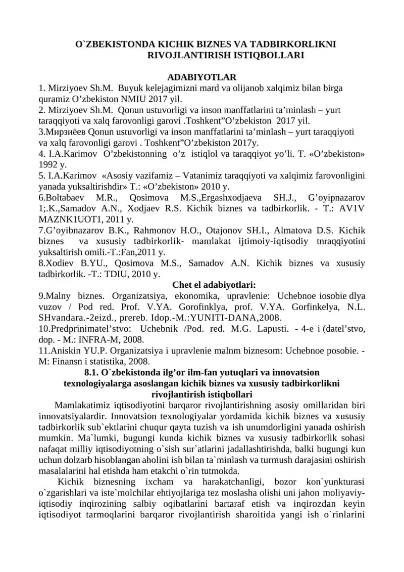 O`ZBEKISTONDA KICHIK BIZNES VA TADBIRKORLIKNI RIVOJLANTIRISH ISTIQBOLLARI 1