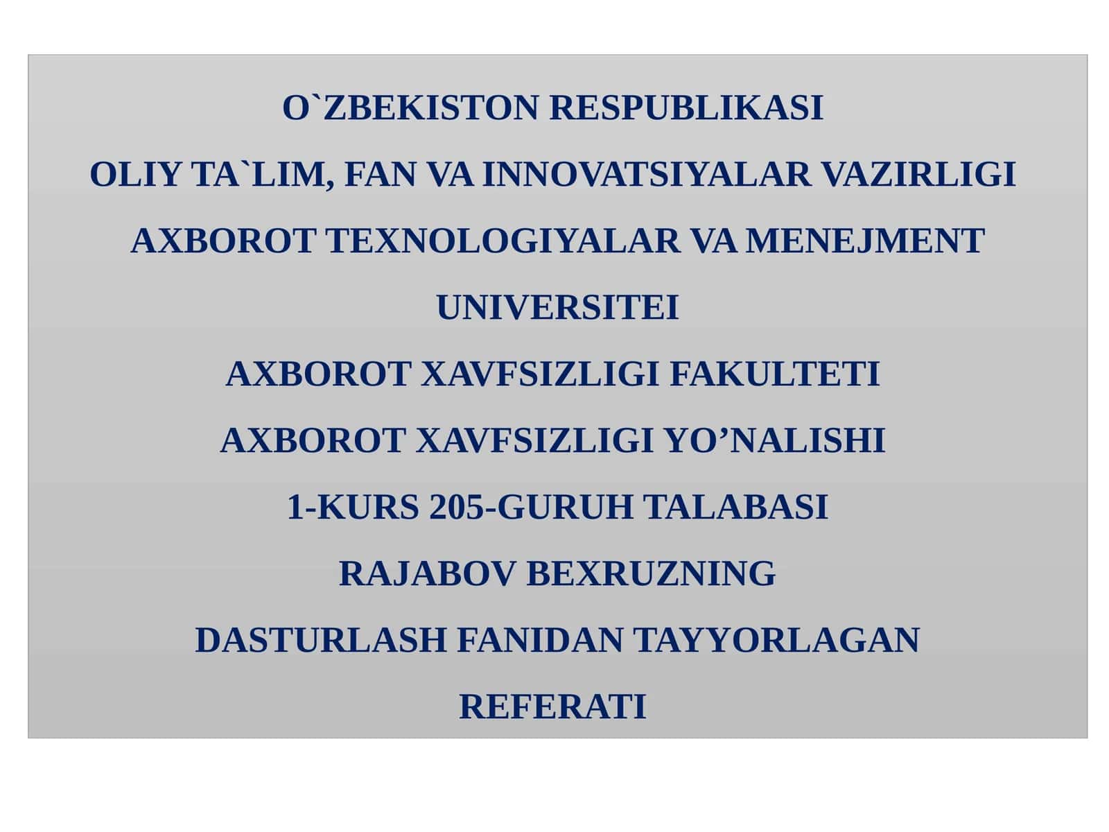 C++ DASTURLASH TILIDA TAKRORLANUVCHI JARAYONLARNIDASTURLASH 1