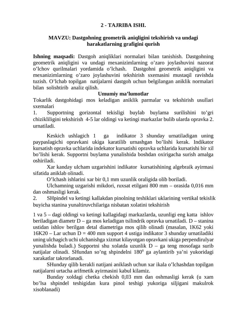 Dastgohning geometrik aniqligini tekshirish va undagi harakatlarning grafigini qurish 1
