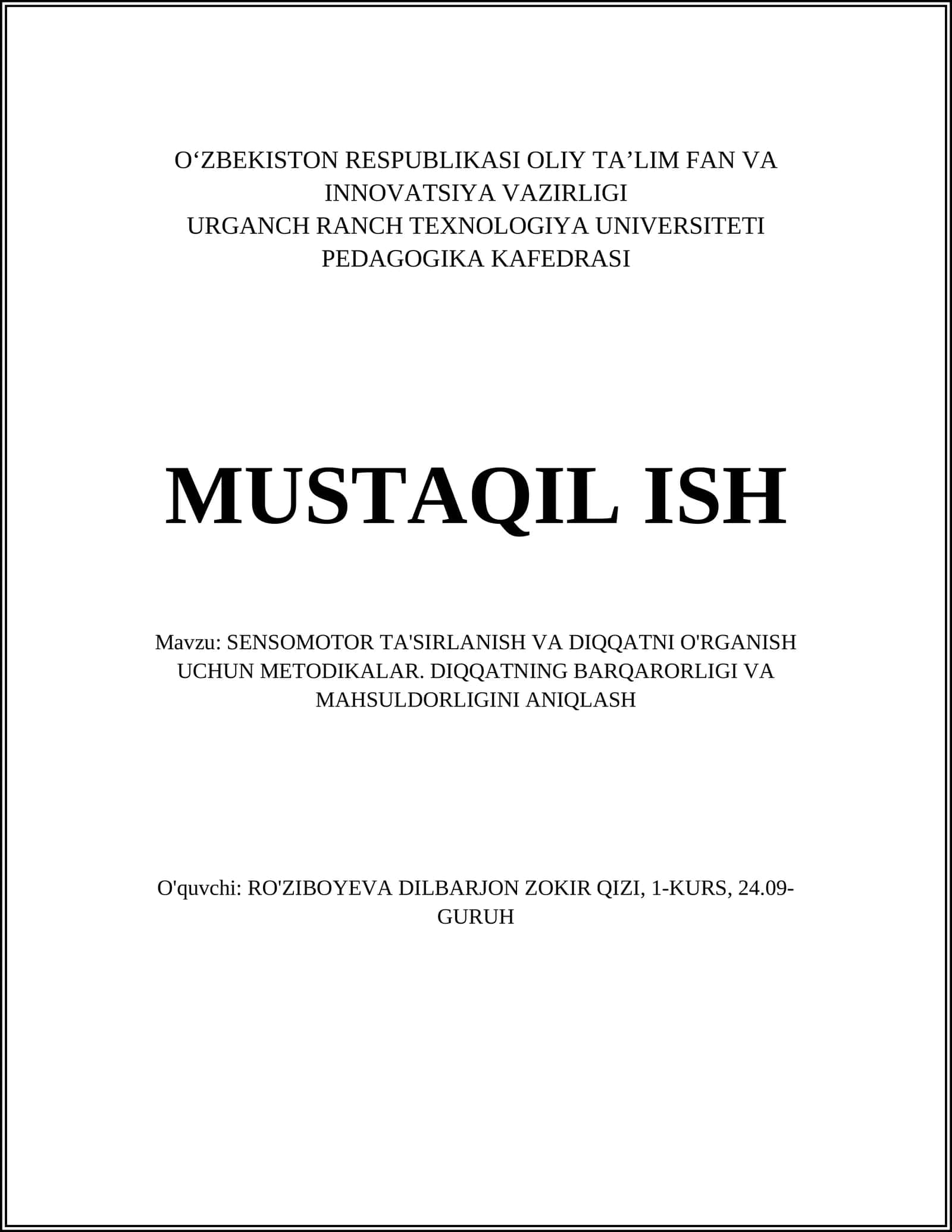 SENSOMOTOR TA'SIRLANISH VA DIQQATNI O'RGANISH UCHUN METODIKALAR 1