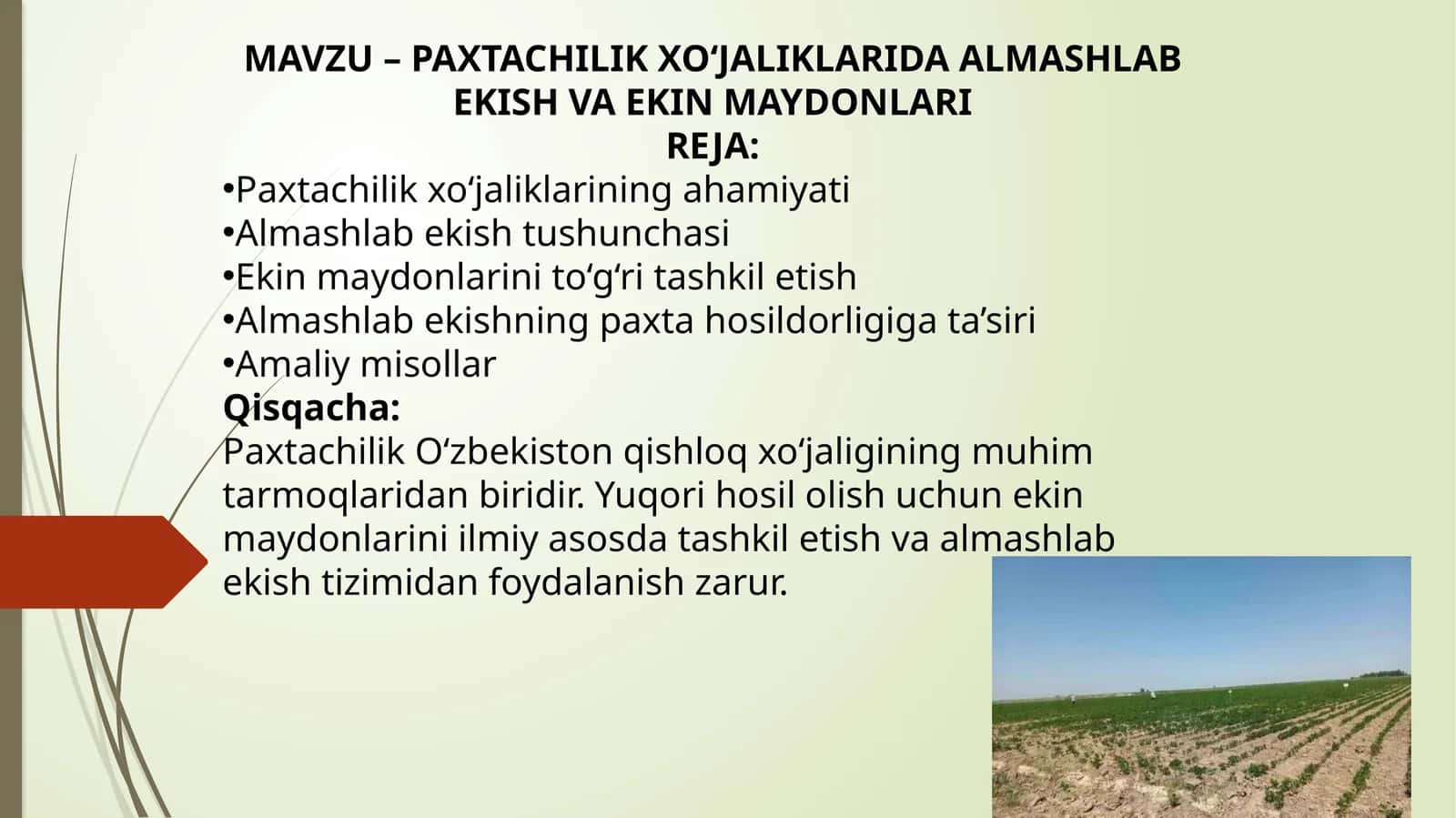 PAXTACHILIK XO‘JALIKLARIDA ALMASHLAB EKISH VA EKIN MAYDONLARI 1
