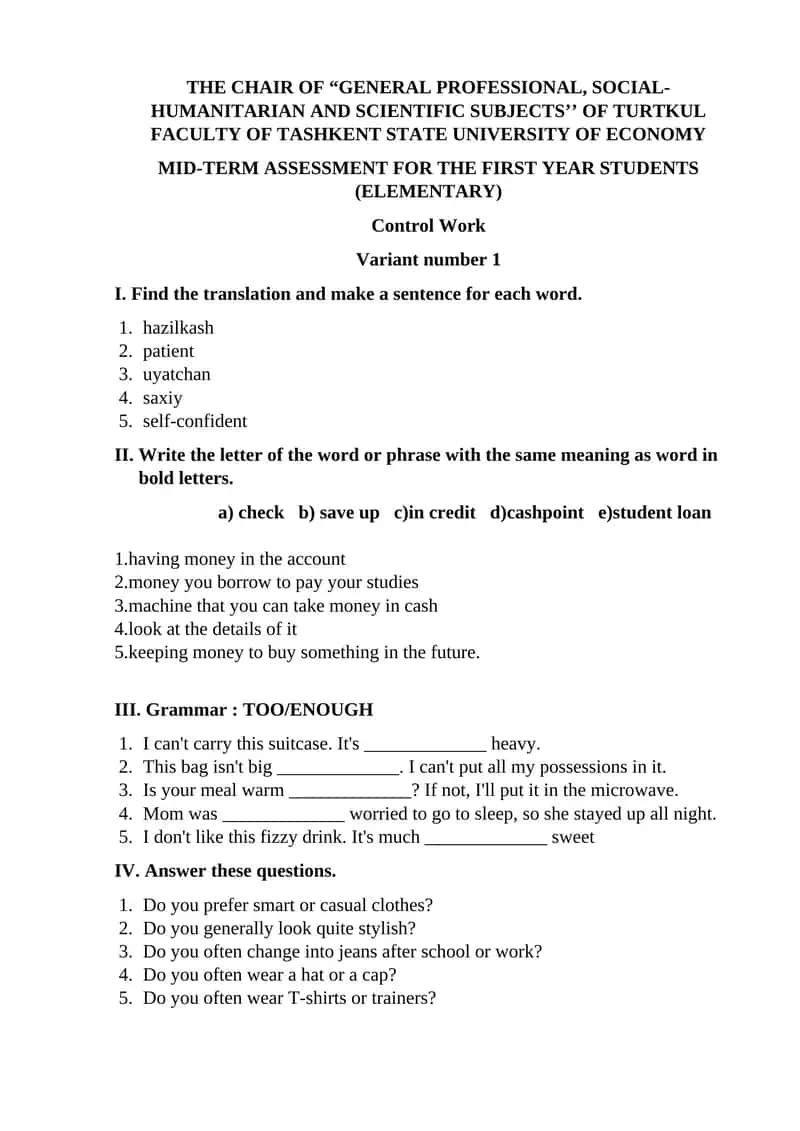 Mid-term assessment for the first year students 1