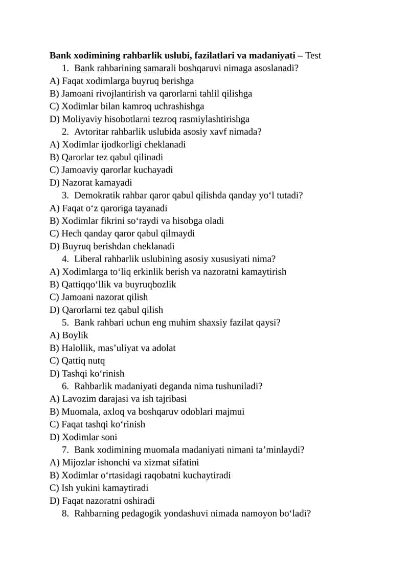 Bank xodimining rahbarlik uslubi, fazilatlari va madaniyati – Test 1