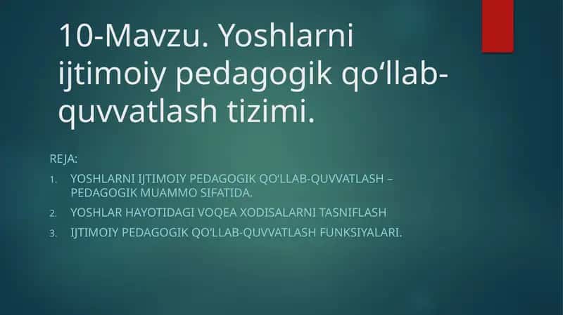 Yoshlarni ijtimoiy pedagogik qoʻllab-quvvatlash zimi 1