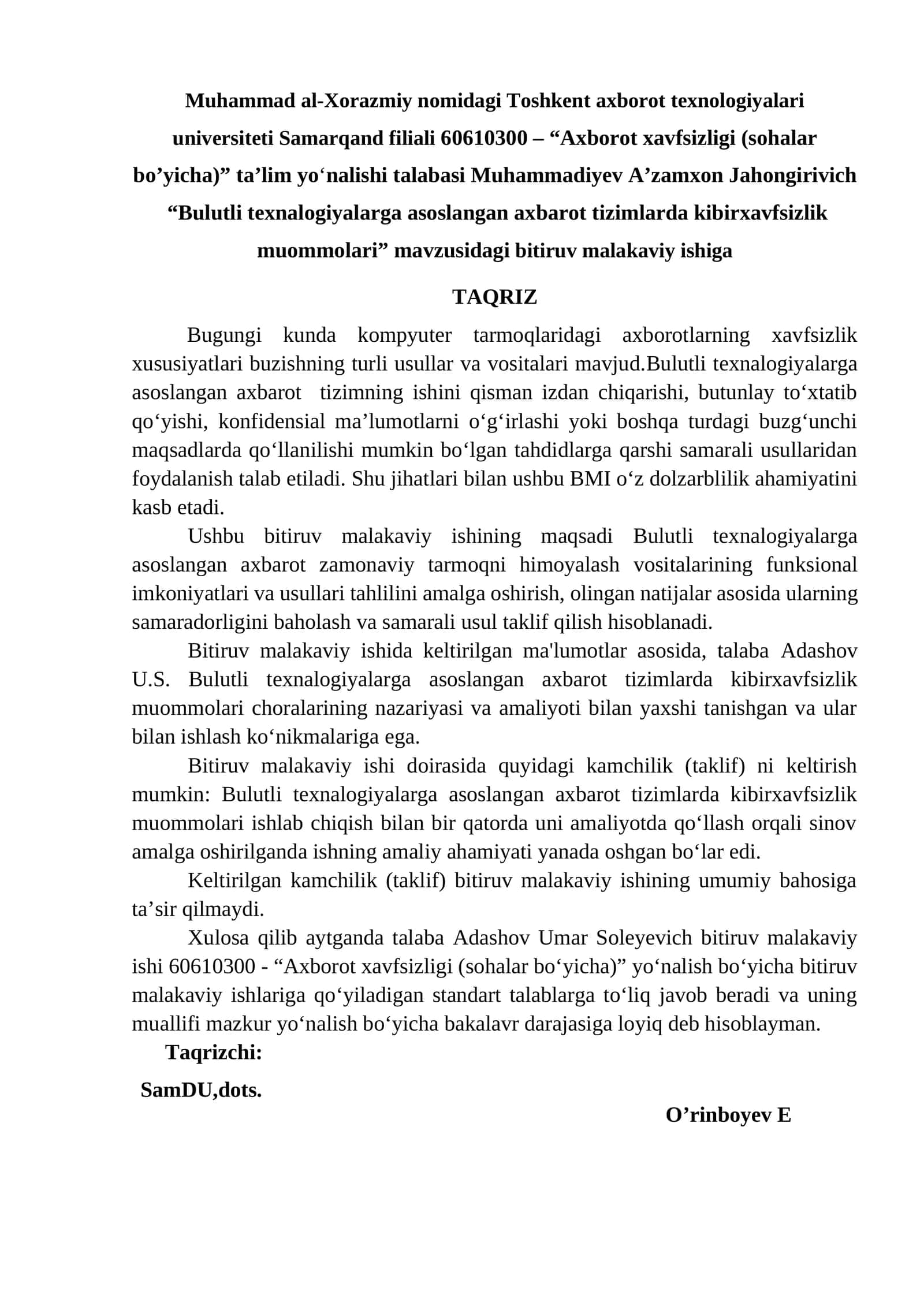 “Bulutli texnalogiyalarga asoslangan axbarot tizimlarda kibirxavfsizlik muommolari” mavzusidagi bitiruv malakaviy ishiga 1