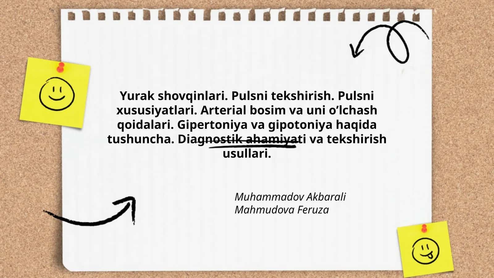 Yurak shovqinlari. Pulsni tekshirish. Pulsni xususiyatlari. Arterial bosim va uni o’lchash qoidalari. Gipertoniya va gipotoniya haqida tushuncha. Diagnostik ahamiyati va tekshirish usullari 1