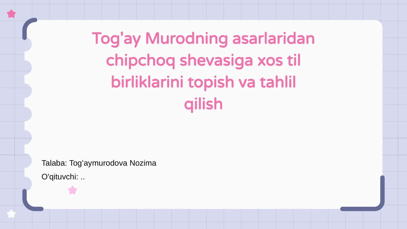 Tog'ay Murodning asarlaridan chipchoq shevasiga xos til birliklarini topish va tahlil qilish 1