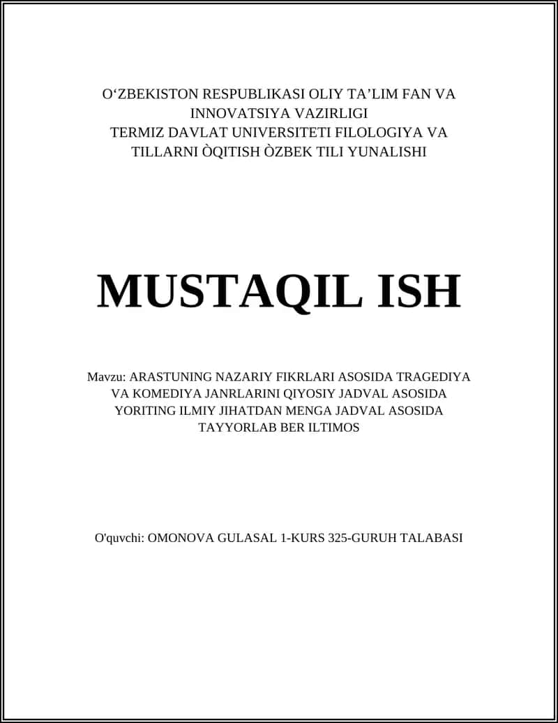ARASTUNING NAZARIY FIKRLARI ASOSIDA TRAGEDIYA VA KOMEDIYA JANRLARINI QIYOSIY JADVAL 1