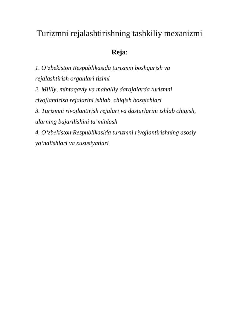 Turizmni rejalashtirishning tashkiliy mexanizmi 1