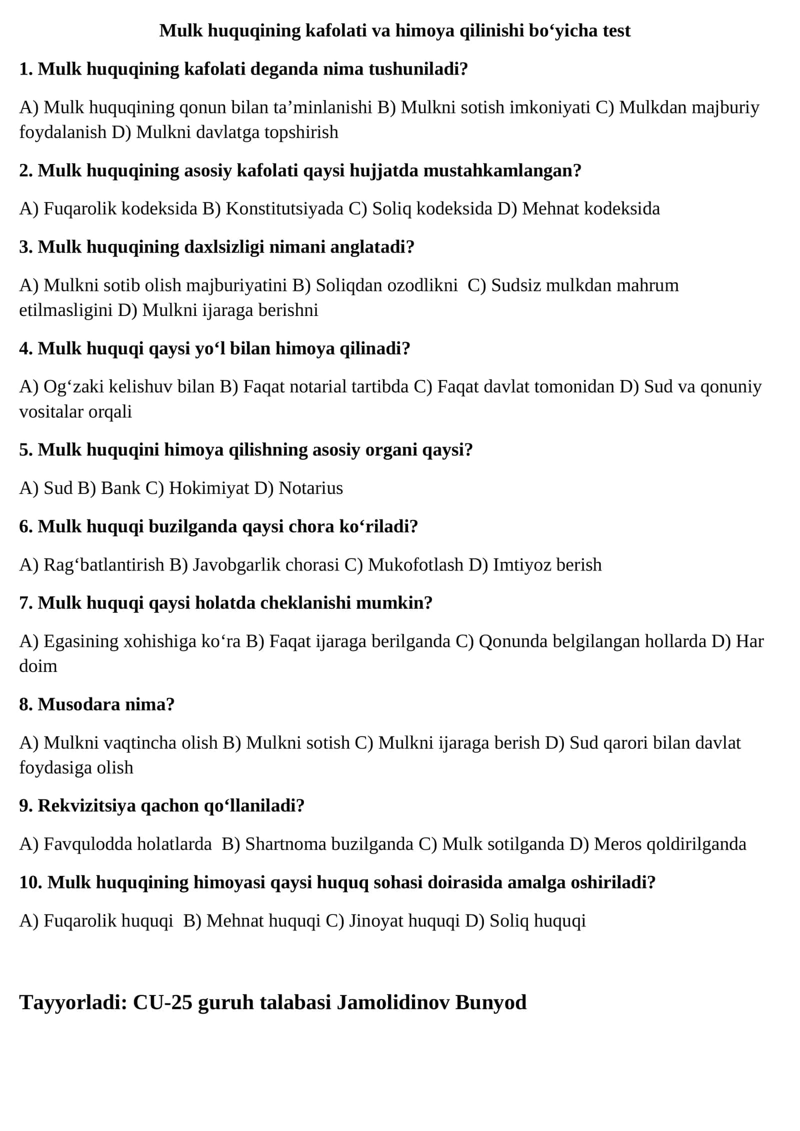 Mulk huquqining kafolati va himoya qilinishi bo‘yicha test 1