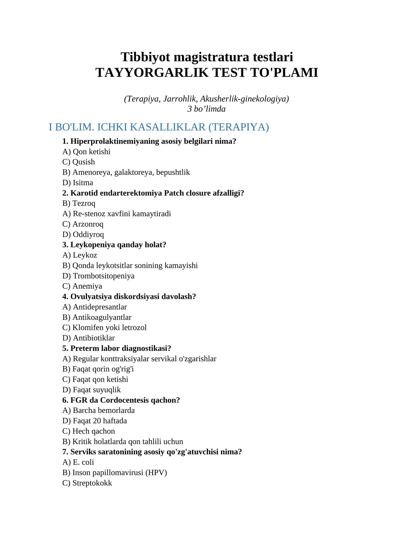 Tibbiyot magistratura testlari 1