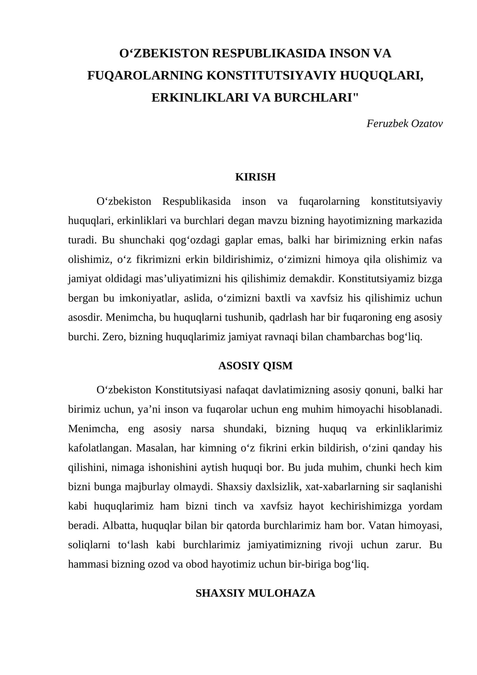 O‘ZBEKISTON RESPUBLIKASIDA INSON VA FUQAROLARNING KONSTITUTSIYAVIY HUQUQLARI, ERKINLIKLARI VA BURCHLARI 1