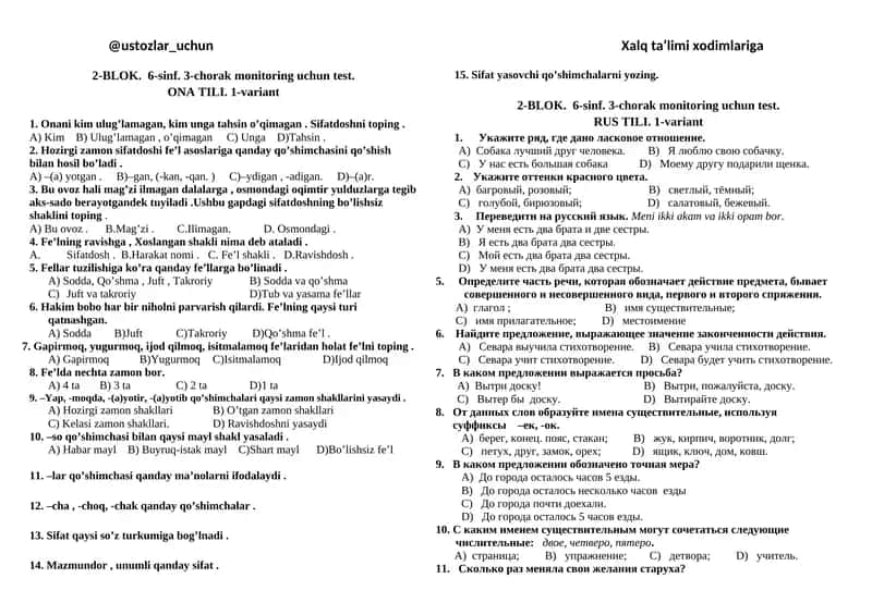 6-sinf. 3-chorak monitoring uchun test. ONA TILI. 1-variant 1