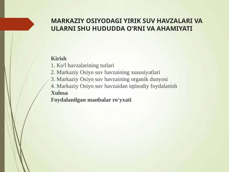MARKAZIY OSIYODAGI YIRIK SUV HAVZALARI VA ULARNI SHU HUDUDDA O’RNI 1
