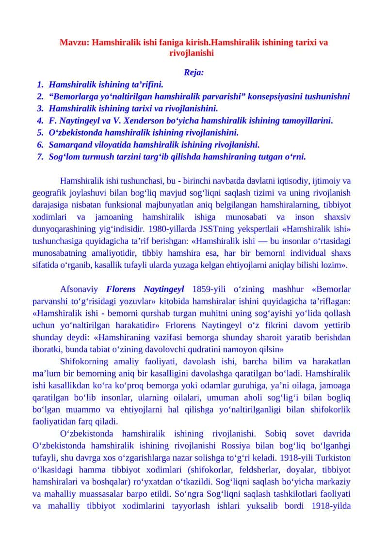 Hamshiralik ishini o'rganish 1