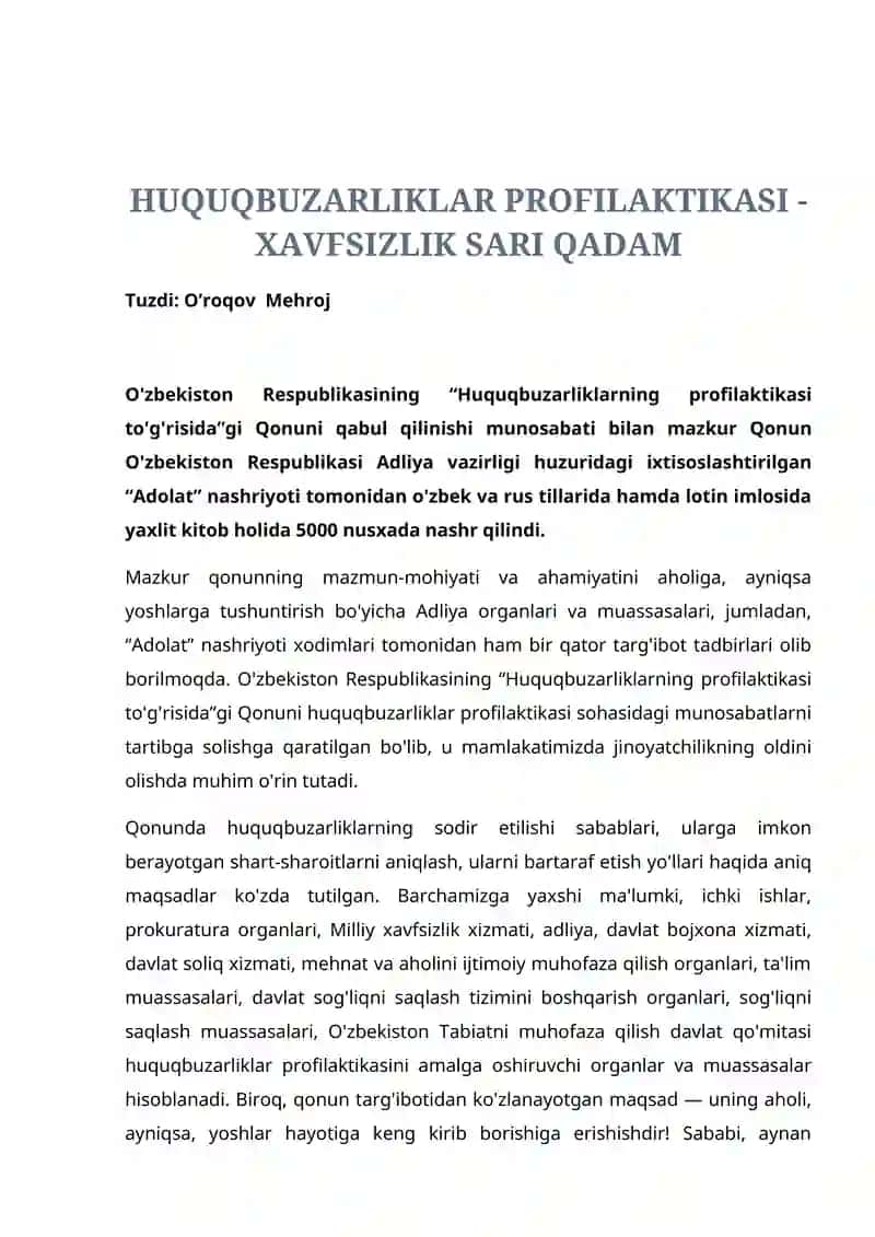 Huquqbuzarliklar Profilaktikasi - Xavfsizlik Sari Qadam